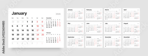 Fototapeta Monthly calendar layout for 2026 year. Diary planner for 2026 year. Week Starts on Monday. 