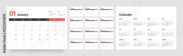 Fototapeta Monthly calendar layout for 2026 year. Diary planner for 2026 year. Week Starts on Monday. 