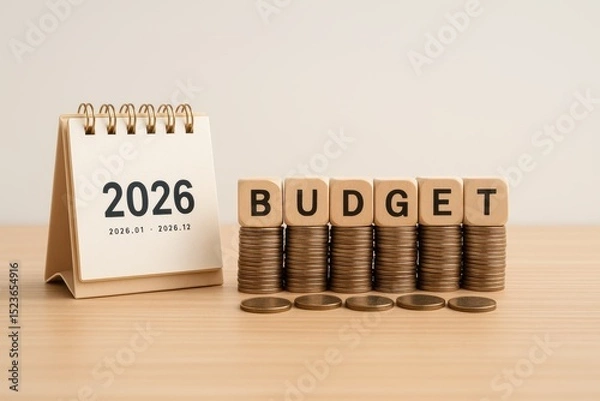 Obraz Financial Planning in 2026, Budget Concept with Coins and Calendar. The wooden blocks spell "BUDGET," signifying financial planning with a calendar indicating the year 2026, and stacks of coins