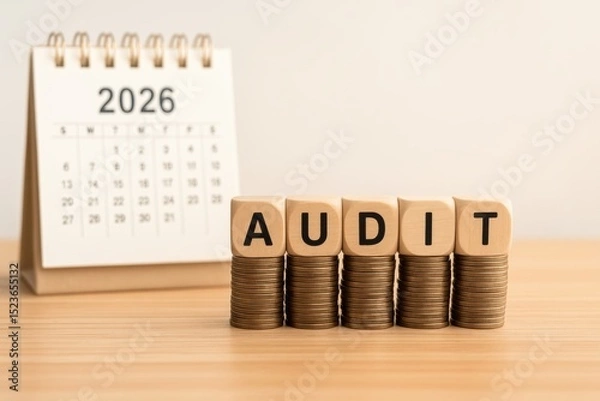 Obraz An audit scheduled for 2026 is represented by wooden blocks on stacks of coins next to a calendar.