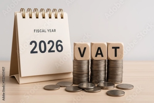 Obraz An image of a calendar and blocks spelling "VAT" placed over stacks of coins, representing value-added tax in the fiscal year 2026
