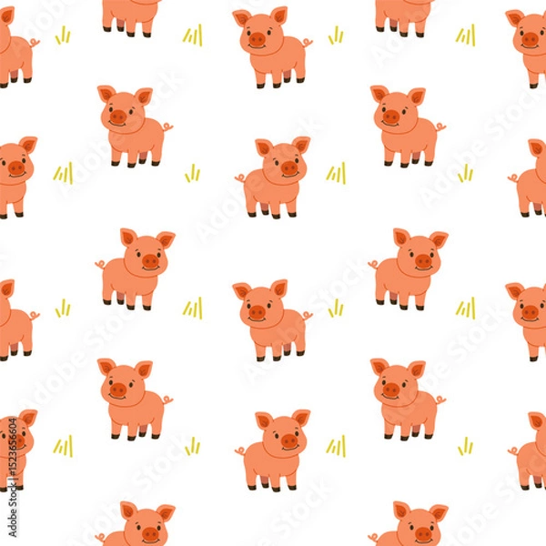 Obraz Seamless pattern with cute pig in flat style on white background with grass, perfect for kids products, nursery designs, farm-themed decor, and textile applications