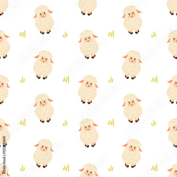 Obraz Cute seamless pattern with fluffy cartoon sheep and yellow grass elements, perfect for baby products, textiles, nursery decor, and farm-themed designs