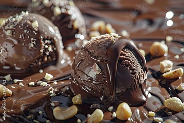 Fototapeta Clear Pixel Image of Chocolate with Nuts Ice Cream Scoops