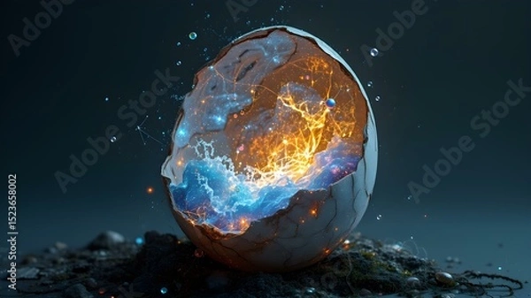 Fototapeta Eggshell Galaxy: A shattered eggshell reveals a vibrant galaxy within, merging fragility with cosmic wonder in a surreal and captivating image.