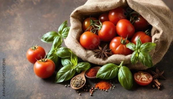 Fototapeta Fresh Tomatoes and Basil in a Burlap Sack with Spices