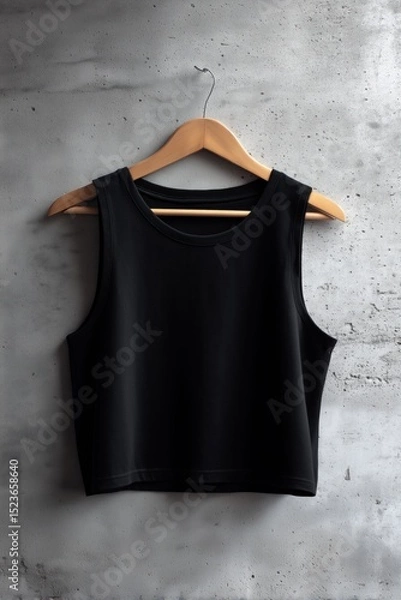Fototapeta A simple black sleeveless crop top mockup hanging on a wooden hanger against a textured gray wall. The minimalist design emphasizes the fabric's smooth texture and modern style.
