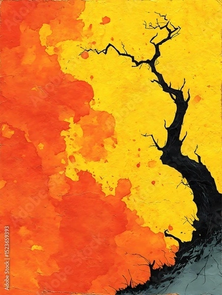 Fototapeta the painting depicts a dark silhouette of a tree against a textured background. the background is a gradient of bright yellow to fiery orange with a spattered, watercolor effect