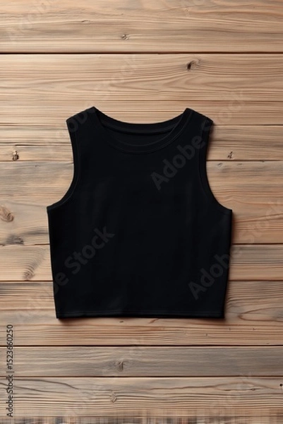 Fototapeta A black sleeveless crop top mockup on a wooden surface, showcasing its simple and modern design.