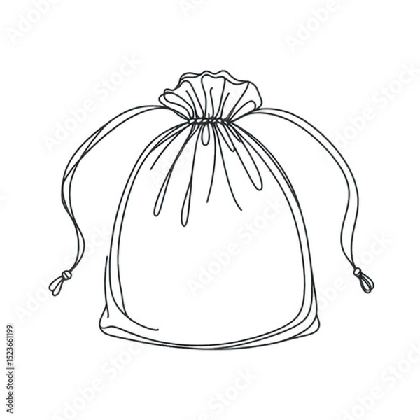 Fototapeta Outline drawing of a simple drawstring bag on white background with copy space