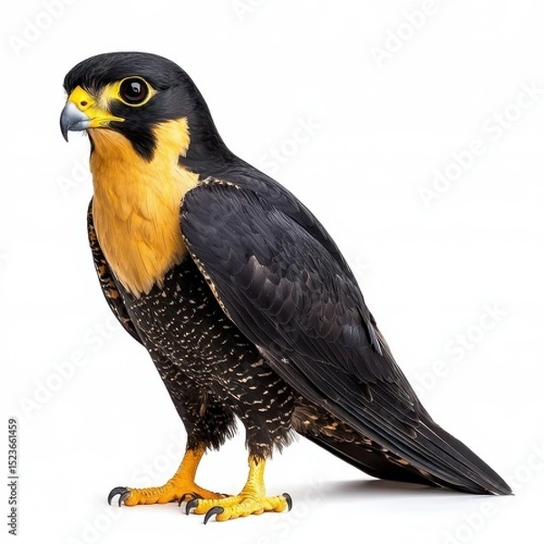 Fototapeta A black and gold falcon stands against a bright white background. The bird is detailed and shown from the side, with its feathers clearly visible