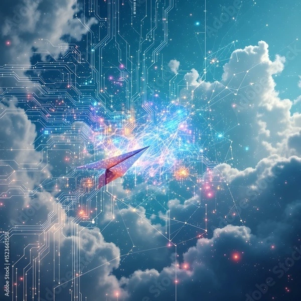 Obraz Digital Paper Plane Soaring Through Cyber Sky: A vibrant paper airplane, crafted from geometric lines and glowing with embedded digital pathways.