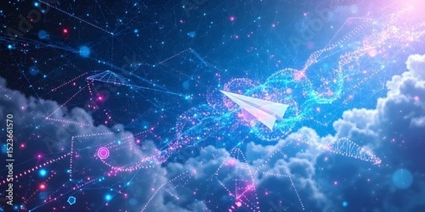 Obraz Digital Paper Airplane Soaring Through Cyberspace: A vibrant, abstract image of a paper airplane soaring through a digital sky, composed of interconnected nodes and glowing lines.