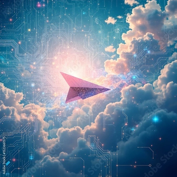 Obraz Digital Ascent: A surreal, conceptual composition of a stylized paper airplane ascending towards a radiant sky, interwoven with digital circuitry and fluffy clouds.