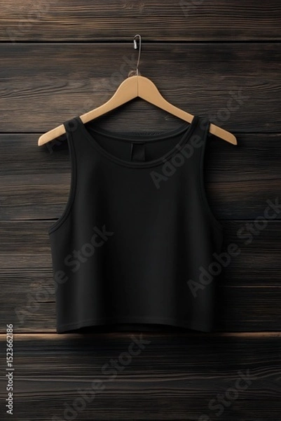 Fototapeta A black crop top mockup hanging on a wooden hanger against a rustic wooden background. The top is simple and stylish, suitable for casual wear or layering.