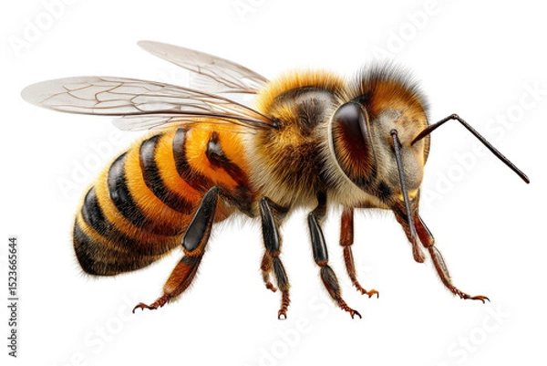 Fototapeta 3D realistic bee close-up, isolated insect with golden stripes and fine hairs, isolated on a Transparent background, PNG file.