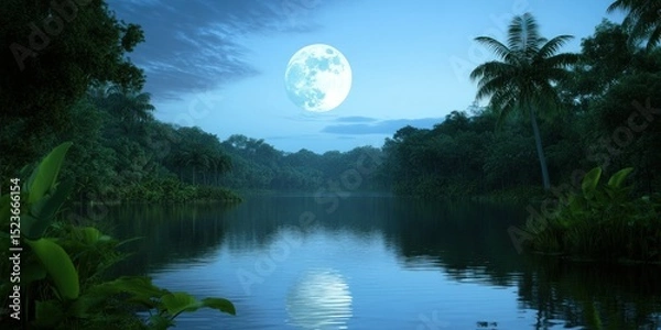 Obraz Tranquil moonlit lake in tropical rainforest at night