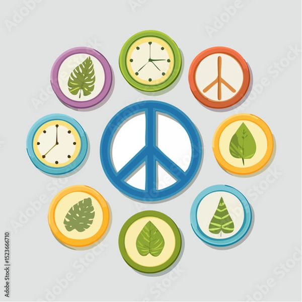 Obraz Framed Icon Set – Clock, Leaf, Notebook, Peace Symbol Representing Work-Life Values