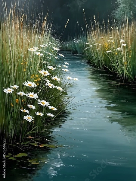 Fototapeta the image captures a tranquil scene of a narrow waterway flowing through a verdant landscape