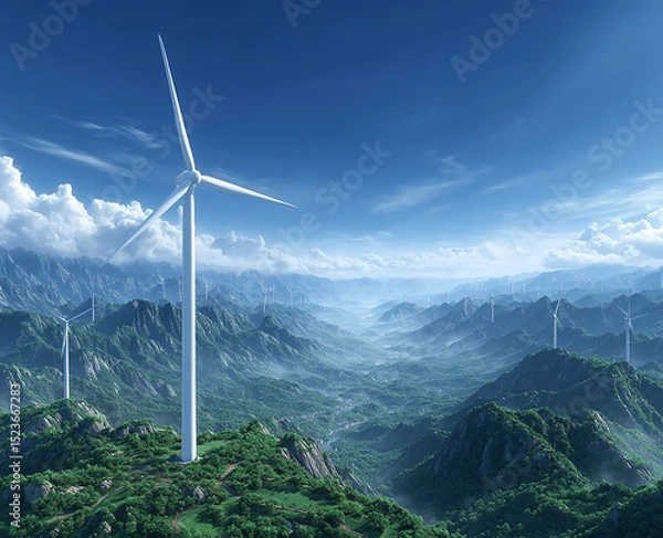 Obraz Wind Turbines on Mountain Range under Blue Sky