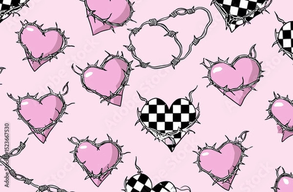 Obraz Seamless Vector Pattern Pink Hearts, Barbed Wire, Checkered Hearts