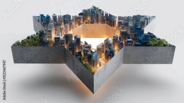 Obraz Futuristic vector city in star shape with glowing lights and forest edges, merging urban planning with imaginative eco-architecture concept.