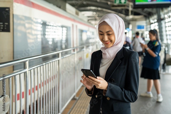 Obraz Muslim asian woman using smartphone while waiting on platform at train station in the city. Beautiful islamic female checking application on cell phone