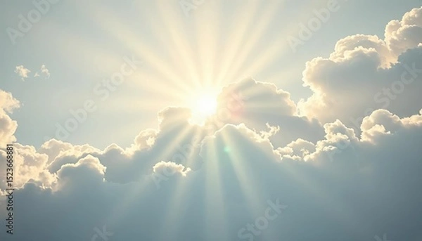 Fototapeta Sunbeam breaks through fluffy clouds, textured paper background,  clouds,  art