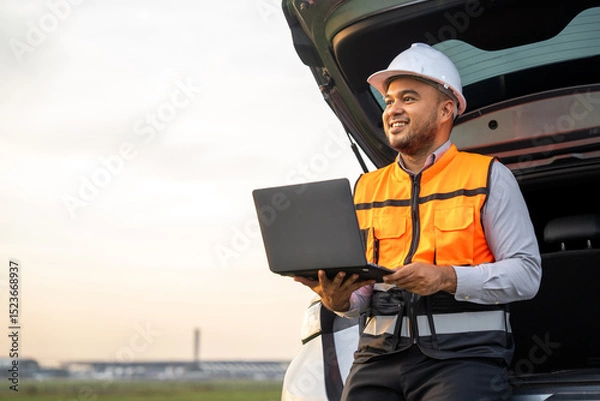 Obraz Smart engineer wearing safety uniform working with laptop sitting back of the car near airport at night. Maintenance engineer using laptop to checking inspection in night lights of industry background