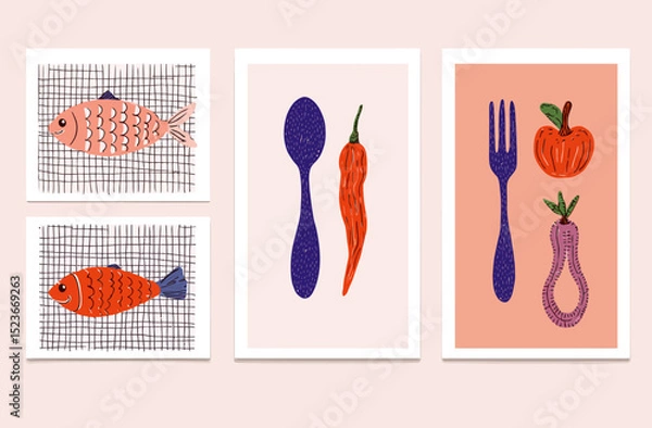 Obraz Abstract Food Posters Set of Four Unique Illustrations Featuring Fish, Chili Pepper, Apple, and Vegetables