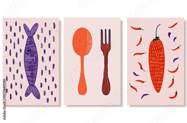 Obraz Abstract Food Poster Set Fish, Utensils, Chili Peppers