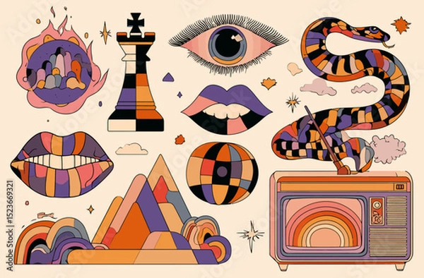 Obraz Retro Geometric Abstract Art Set Illustrations of Lips, Eye, Snake, Mountains & More