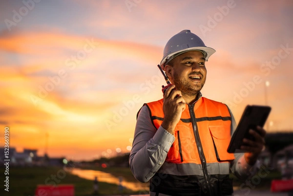 Obraz Smart engineer wearing safety uniform working with tablet near airport at night. Maintenance Engineer using tablet to checking inspection in night lights of industry background