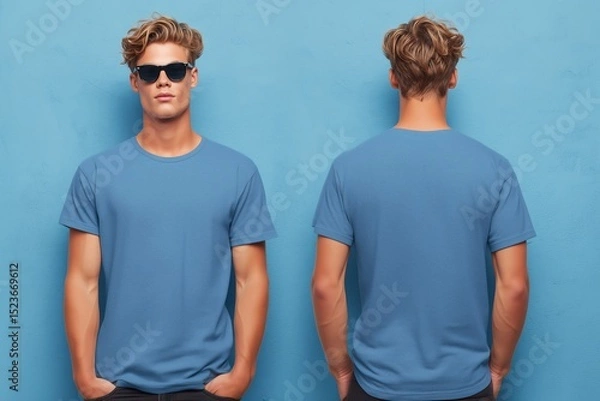Fototapeta A young man with stylish curly hair wearing sunglasses and a blue t-shirt mockup, posing against a solid blue background. The image shows both front and back views of the t-shirt.