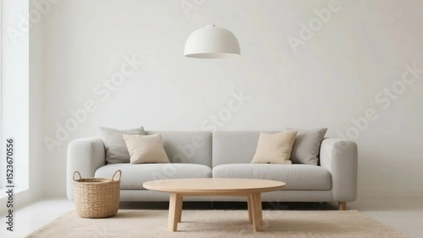 Fototapeta Minimalist Living Room with Light Grey Sofa and Wooden Coffee Table