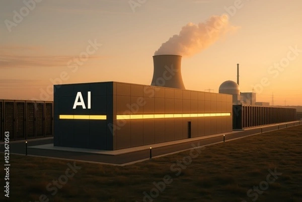 Obraz Nuclear power facility supporting artificial intelligence infrastructure at sunset in a modern energy landscape