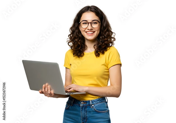 Fototapeta Smiling student girl using laptop computer for online learning education studying from home with glasses on transparent background