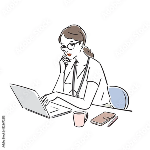 Obraz デスクワークをするメガネ姿のキャリアウーマン