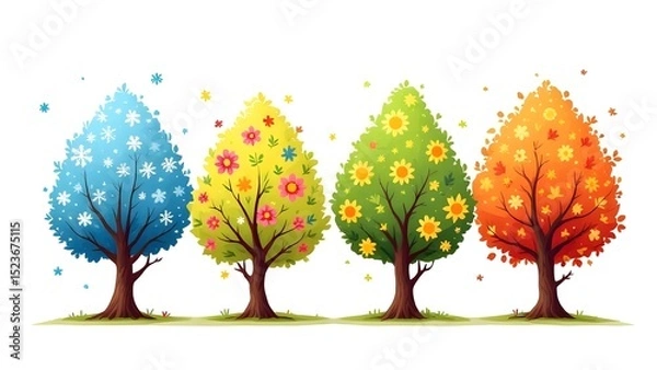 Obraz Vector illustration of four stylized seasonal trees in a row, representing winter, spring, summer, and autumn white background