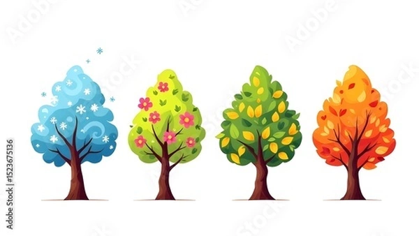 Obraz Vector illustration of four stylized seasonal trees in a row, representing winter, spring, summer, and autumn white background