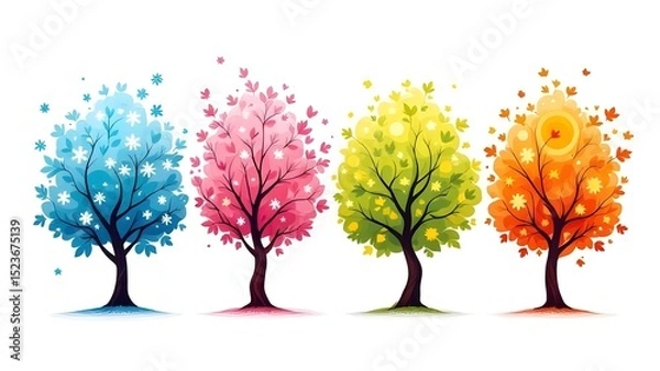 Obraz Vector illustration of four stylized seasonal trees in a row, representing winter, spring, summer, and autumn white background