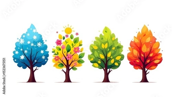 Obraz Vector illustration of four stylized seasonal trees in a row, representing winter, spring, summer, and autumn white background