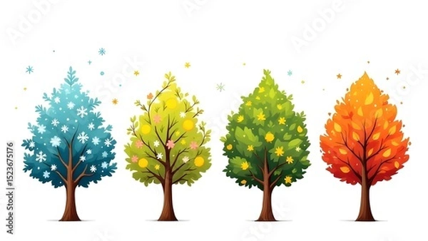 Obraz Vector illustration of four stylized seasonal trees in a row, representing winter, spring, summer, and autumn white background