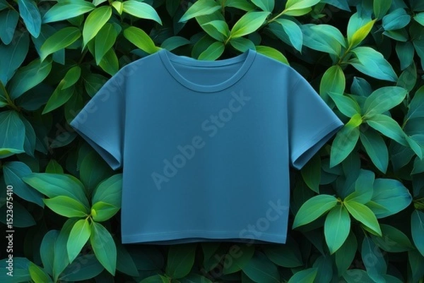 Fototapeta A cropped teal t-shirt mockup against a backdrop of lush green leaves, creating a fresh and vibrant look.