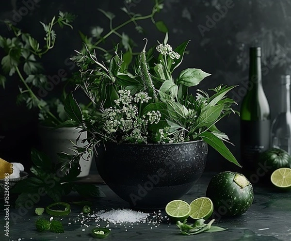 Fototapeta the image shows a dark, moody scene with a collection of culinary herbs and ingredients
