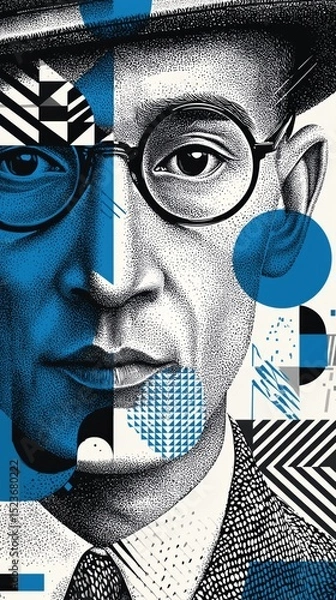 Fototapeta A stylized portrait of a man with glasses and a hat, featuring geometric patterns and blue accents. The artwork combines realism with abstract elements, creating a modern aesthetic.