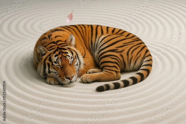 Fototapeta A tiger sleeps peacefully in the center of a raked Zen garden, as a single pink petal drifts gently down - Generative AI