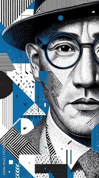 Obraz A stylized portrait of a man with glasses and a hat, featuring intricate line work and geometric patterns in blue and black. The artwork combines realism with abstract elements.