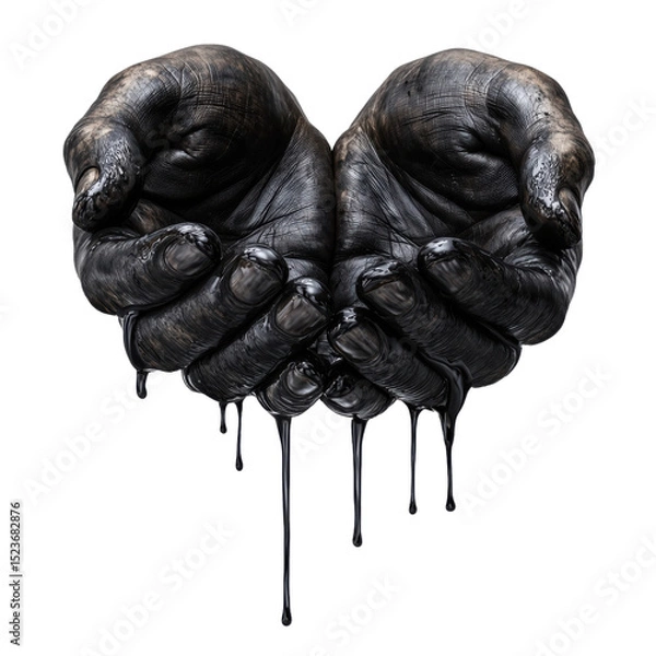 Fototapeta The Cost of Greed: A powerful visual representation of environmental destruction and the devastating impact of oil pollution. Two hands cupped together, are engulfed by thick.