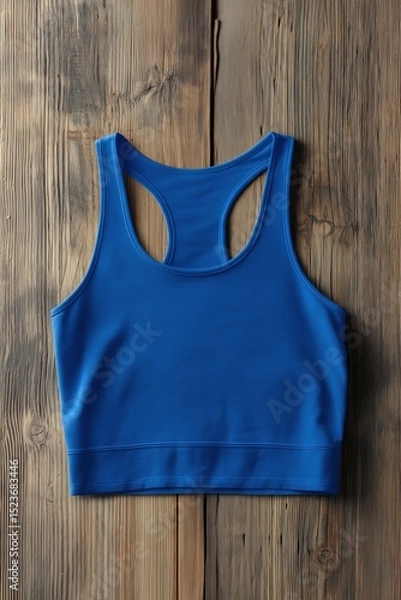 Fototapeta A vibrant blue sports bra mockup on a rustic wooden surface, showcasing its sleek design and fabric texture.